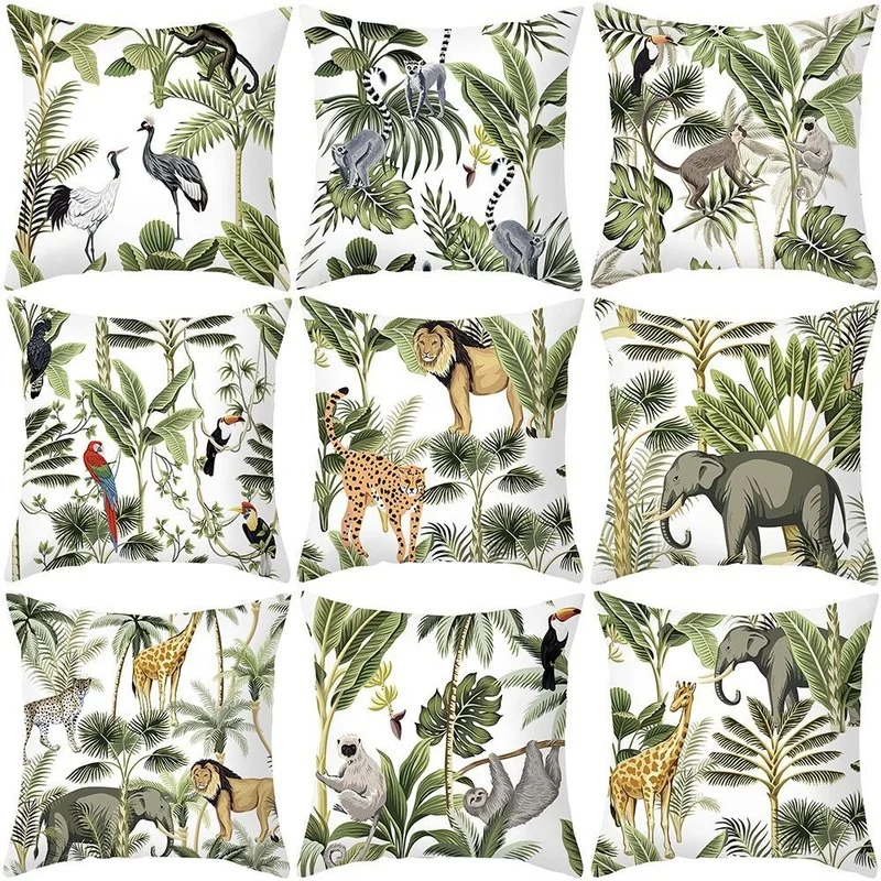 

Home Decor Pillowcase Rainforest Plant Print Cushion Cover Jungle Animal Pattern Living Room Sofa Pillowcase