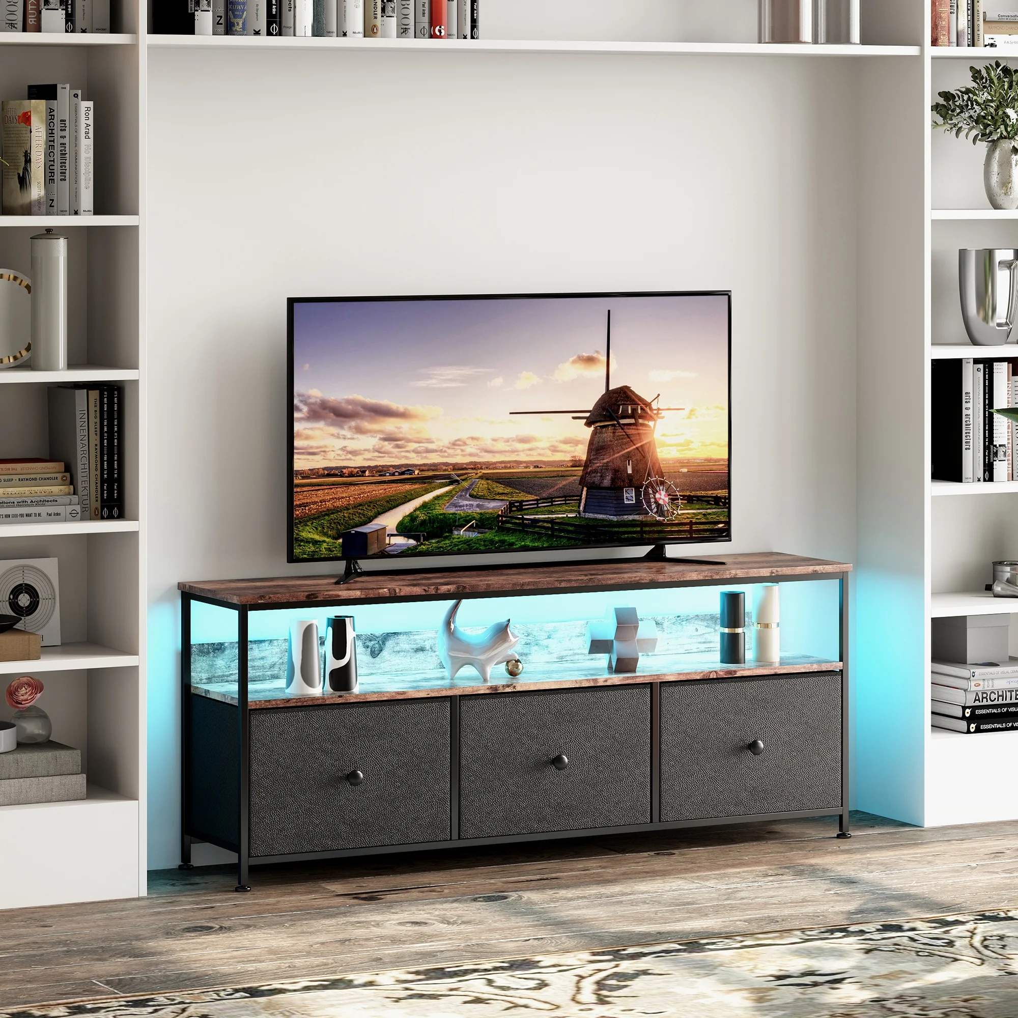Anajqaqia 108cm TV-Schrank, Fernsehtisch mit LED-Schublade, TV-Ständer, Stauraum, Lowboard, 3 Schubladen – Detail 2