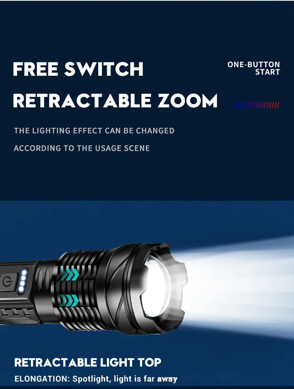 Description Picture 4 of itemPortable Tactical Flashlight Flashlight with Built-In Battery USB Rechargeable Outdoor Emergency Spotlights Telescopic Jet Beam