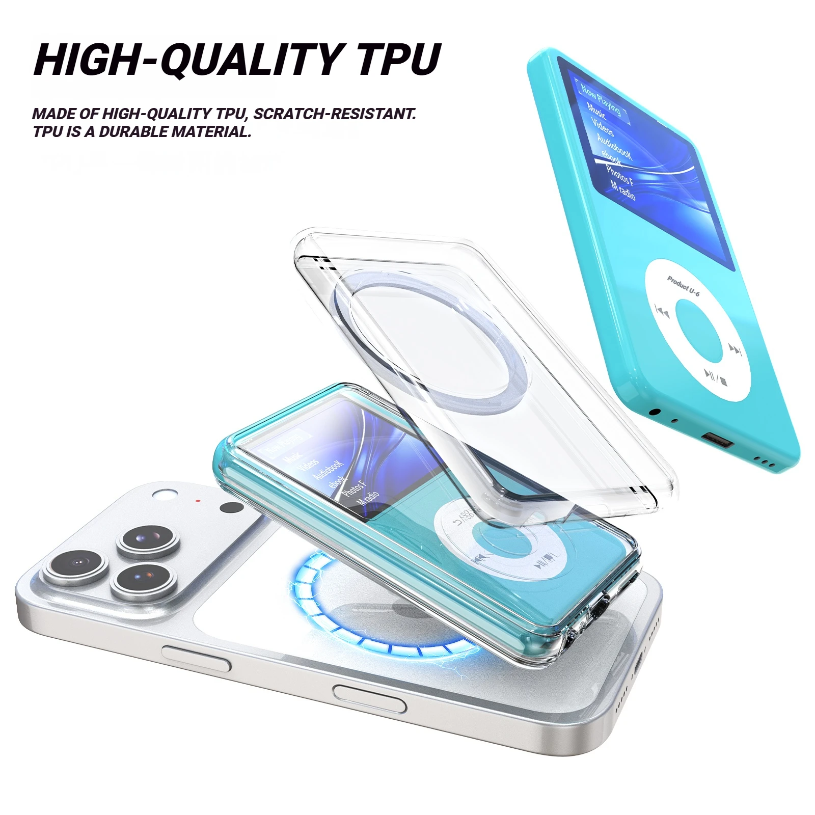 INNIOASIS Y1 휴대용 MP3 플레이어 커버용 자기 초박형 투명 TPU 케이스는 MagSafe 충전을 지원합니다.