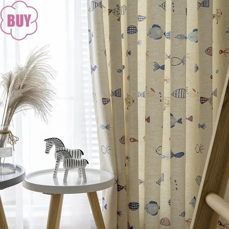 

Занавески для гостиной, столовой, спальни, новый продукт, Мультяшные Детские затемняющие занавески с милыми рыбками и льняным принтом для детской комнаты