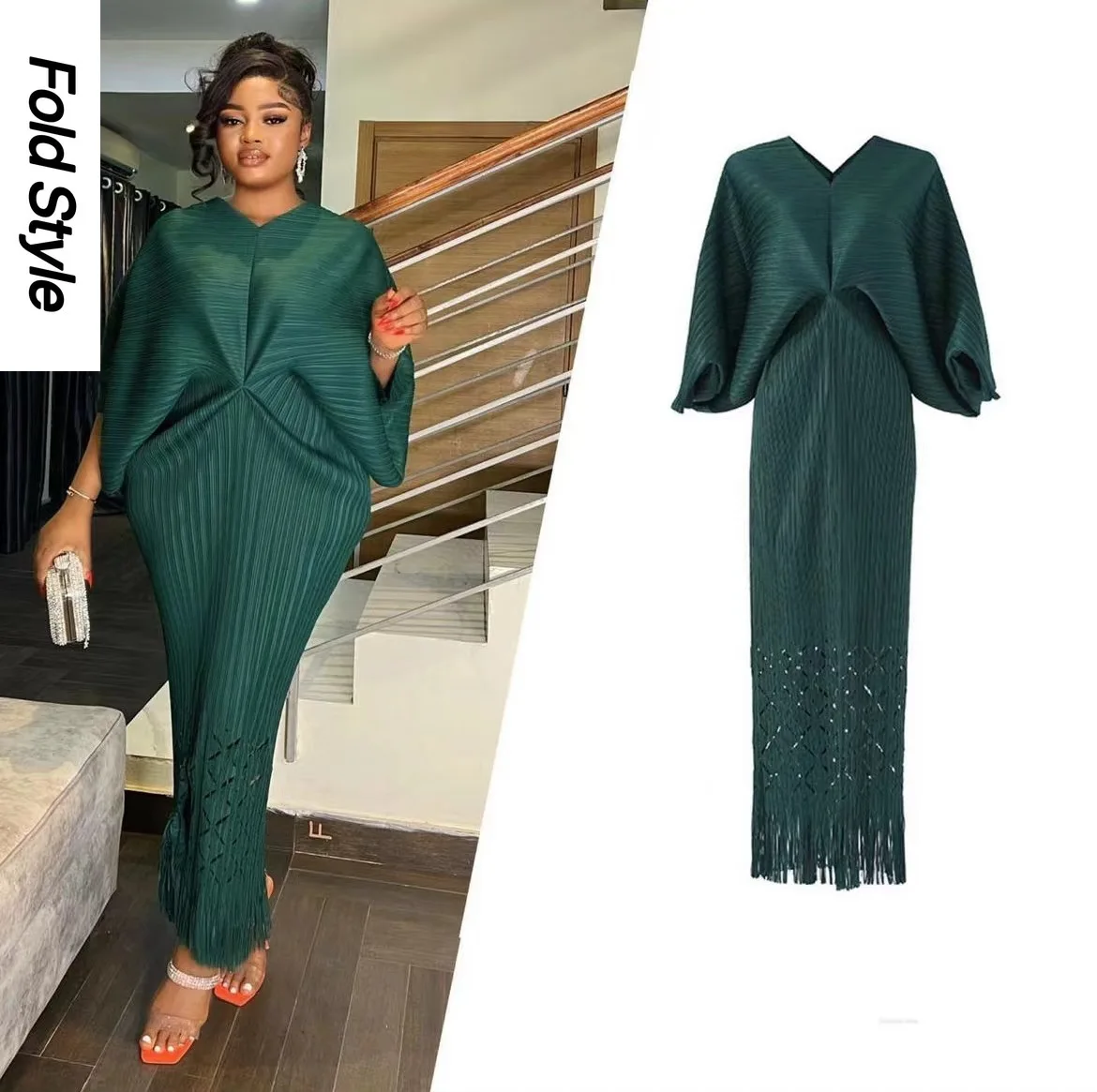 

Pleated Dress 2024 Summer New Women's Spliced Tassel Hollow Bat Long Sleeve Girl Slim Fit V-Neck One Step Long Dress