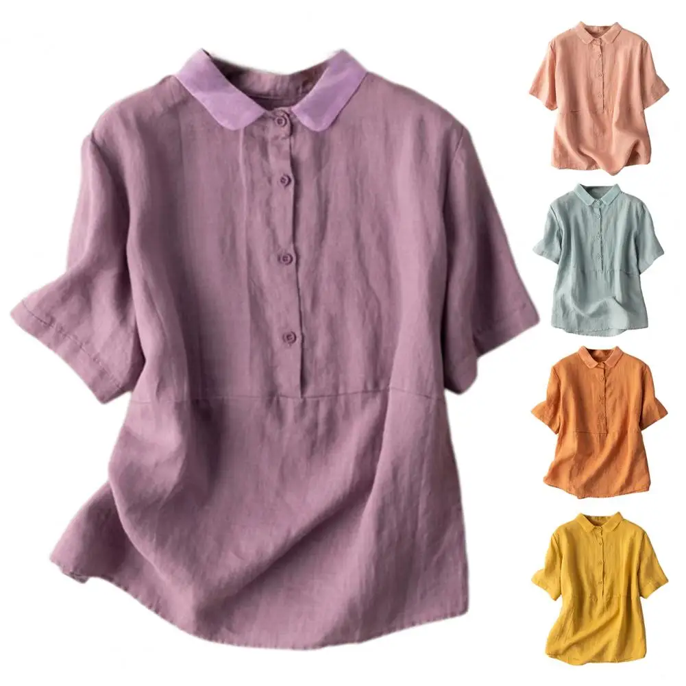 

1Pc Doll Collar Women Casual Shirt Buttons Half Placket Short Sleeve Shirt Single Breasted Solid Color Loose Fit Shirt for Women