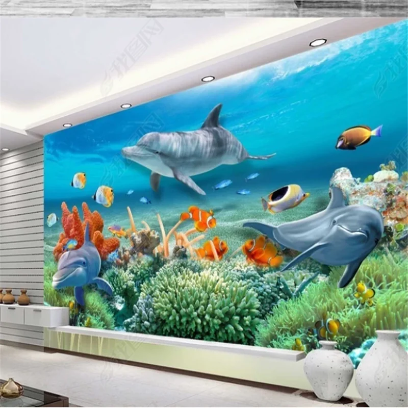 

Custom 3D Mural Wallpaper For Bed Room Underwater World Dolphin TV Background Wall Papers Home Decor Wallpapers For Living Room