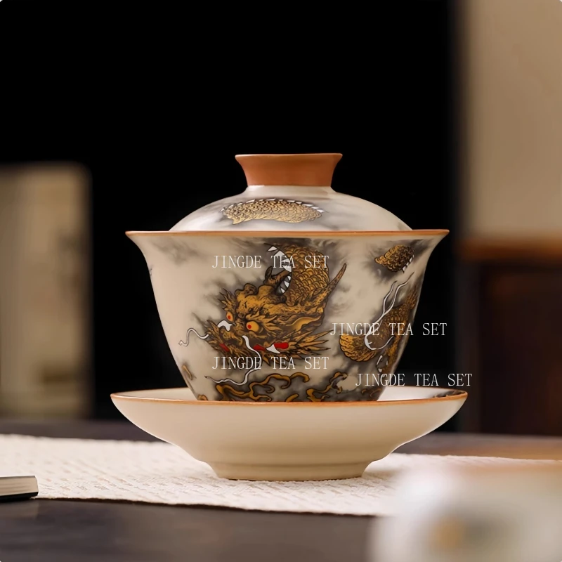 Ceramic Tea Set Household High-end Golden Dragon Covered Bowl Teapot Chinese Style Tea Bowl Teaset Accessories Tea Ceremony Set