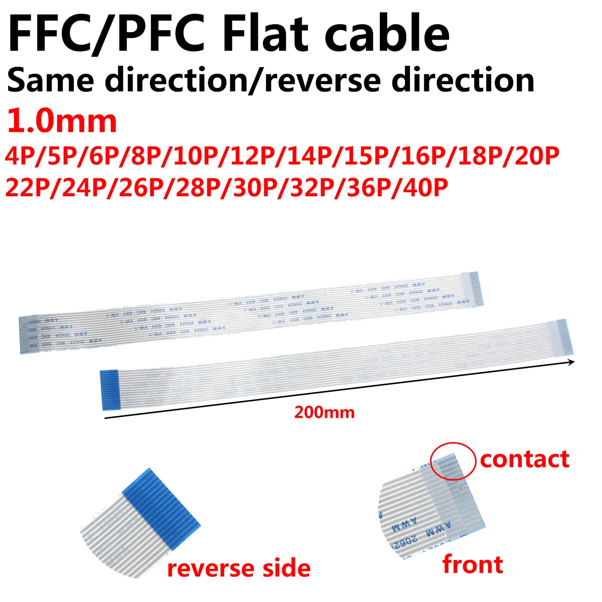 

20pcs 1MM FPC FFC 20CM Ribbon Flexible Flat Cable Forward Direction 4/6/8/10/12/14/16/18/20/24/30/32/40P/54/60P Pitch Length