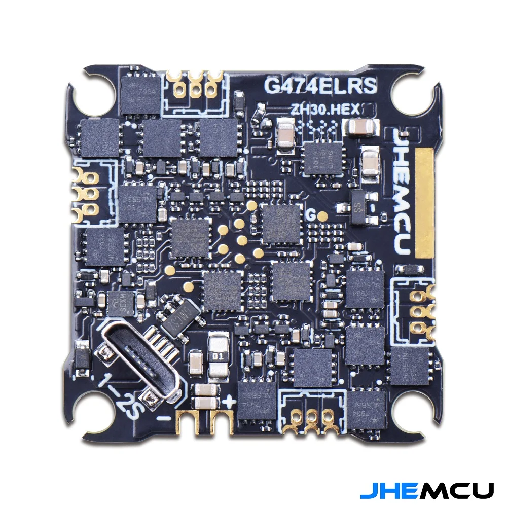 Carte de vol JHEMCU G474ELRS avec dissipateur thermique et antenne ELRS 2.4G, prête pour le montage sur un drone FPV.