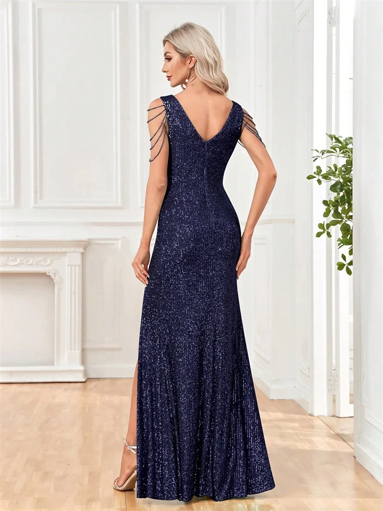 Elegant V-Neck Sequins Evening Dresses Long 2025 Luxury Women Formal Dress Wedding Party Prom Beading Cocktail Gowns 2
