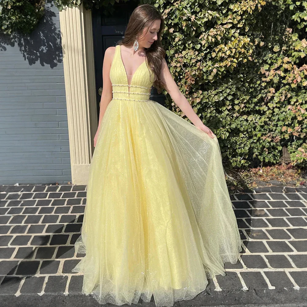 

Spaghetti Straps Sequins Glitter Yellow Formal Prom Dress for Women A-line Tulle Backless V-neck Evening Party Gown فساتين طويلة