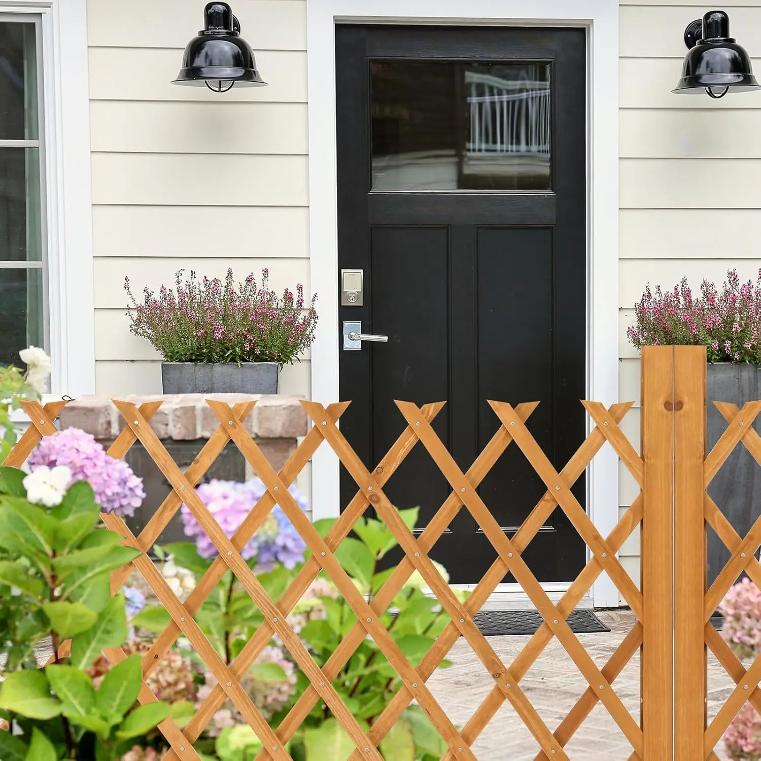 2 Packs Extendable Garden Fence, 27.55 Inch Tall Freestanding Accordion Fence Solid Wood Retractable Trellis Instant Fence Pet
