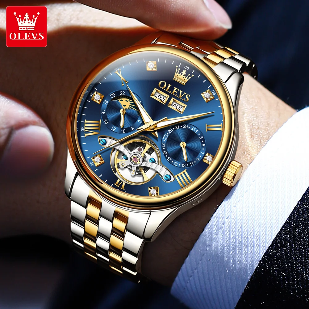 OLEVS 7023 Man Watch Moonswatch Mechanical Watch For Men Hollow Skeleton Luxury Auto Date Men's Wristwatch Waterproof Luminous