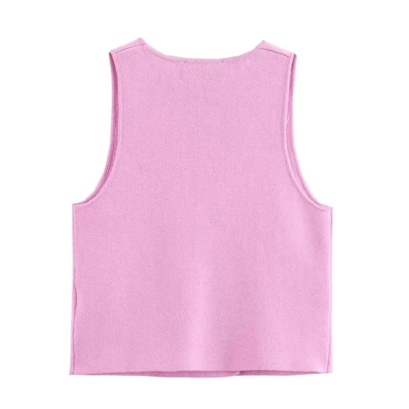 TRAF Knit Sleeveless Vest Woman Fashion Pink Knitted Cropped Vest Female 2024 Double Breasted Summer Top New In Short Coats 4