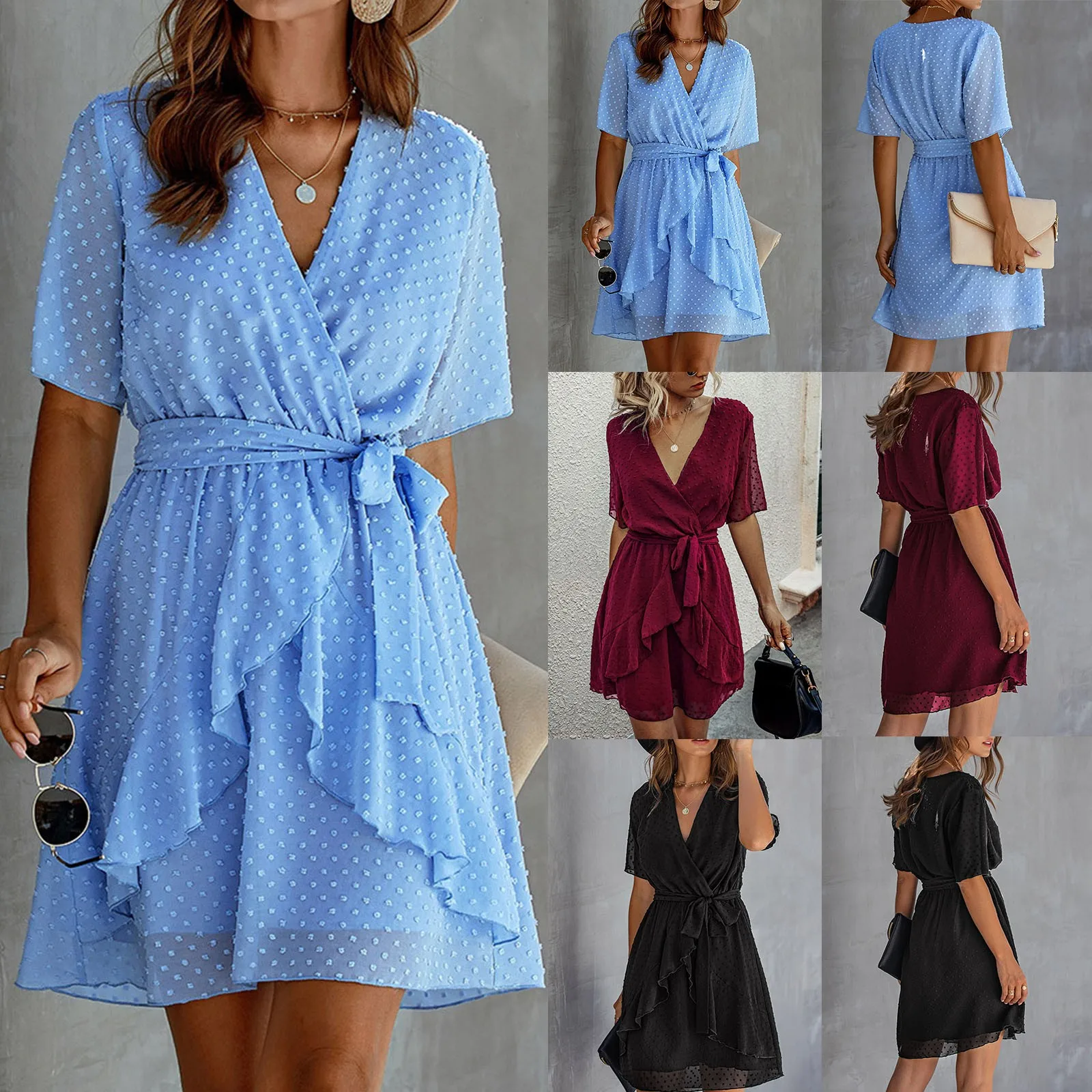 

Womens Fashion Casual Polka Dot V Neck Neck Waist Ruffle Tie Skirt sexy Elegant Oversized