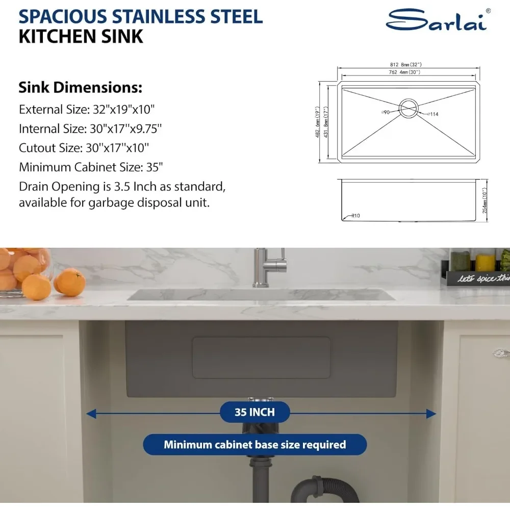 NEW-32 Inch Undermount Sink Stainless Steel Undermount Kitchen Sinks Workstation Single Bowl 16 Gauge Under Counter Kitchen Sink