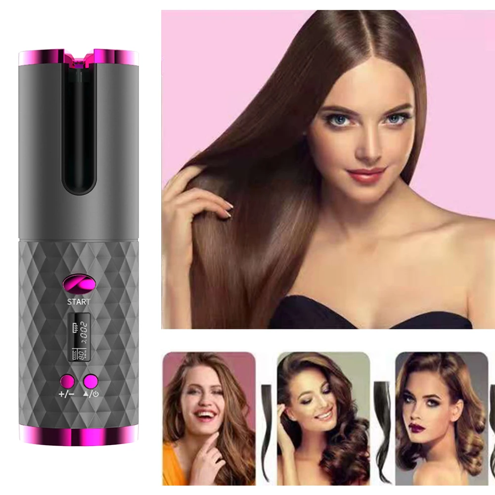 Electric LCD Display Automatic Rotating Cordless Hair Curler Fast Curling Iron Tongs Portable USB Rechargeable With Comb Safe