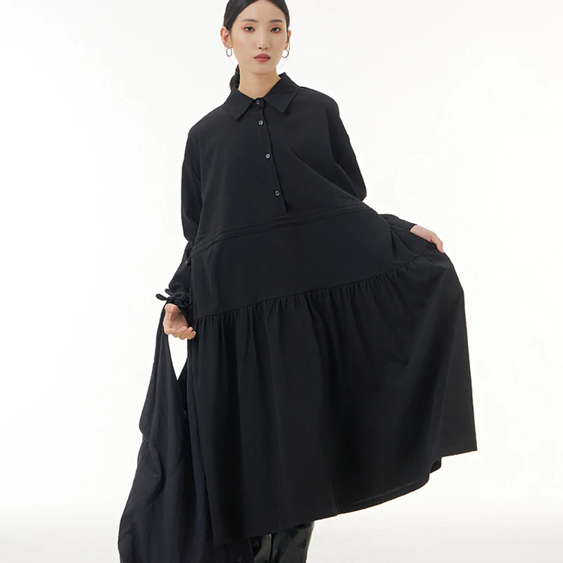 

Johnature Turn-down Collar Women Dresses For Women 2023 Autumn Winter New All Match Loose Solid Color Render Female Dress