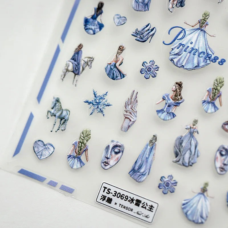 5D Realistic Relief Cool Blue Ice Snowflake Princess Horse Eye High Heels Adhesive Nail Art Stickers Decals Manicure Ornaments