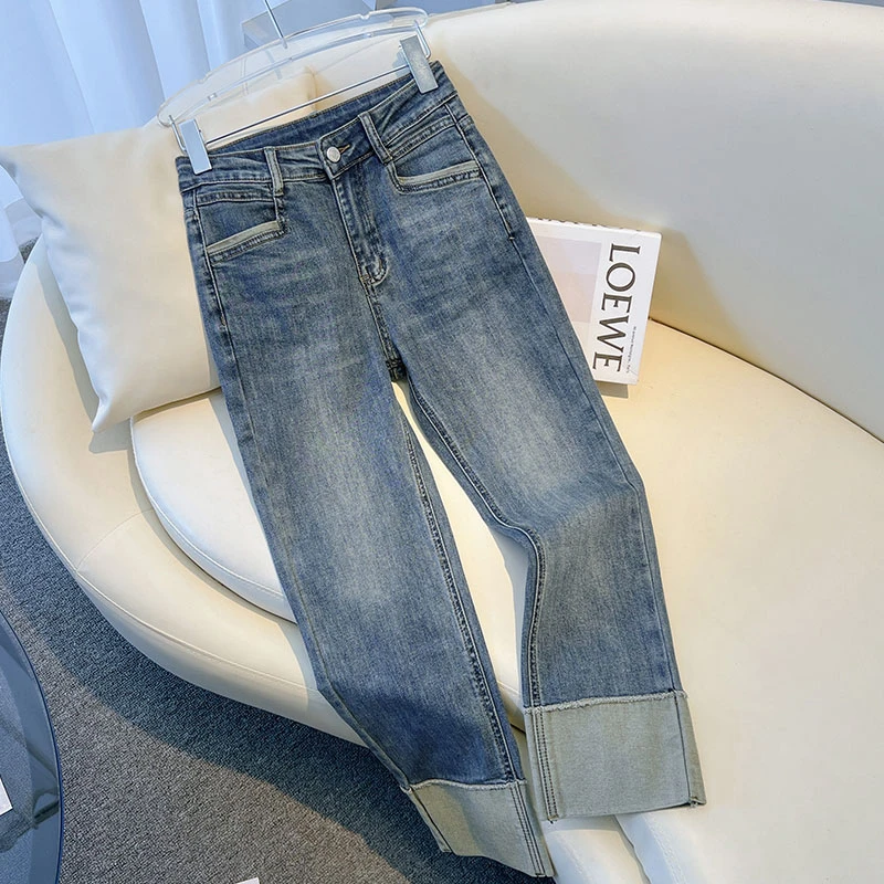Jeans female net red high-waisted Slim flap splicing high-waisted elastic nine-minute cigarette pants niche straight pants
