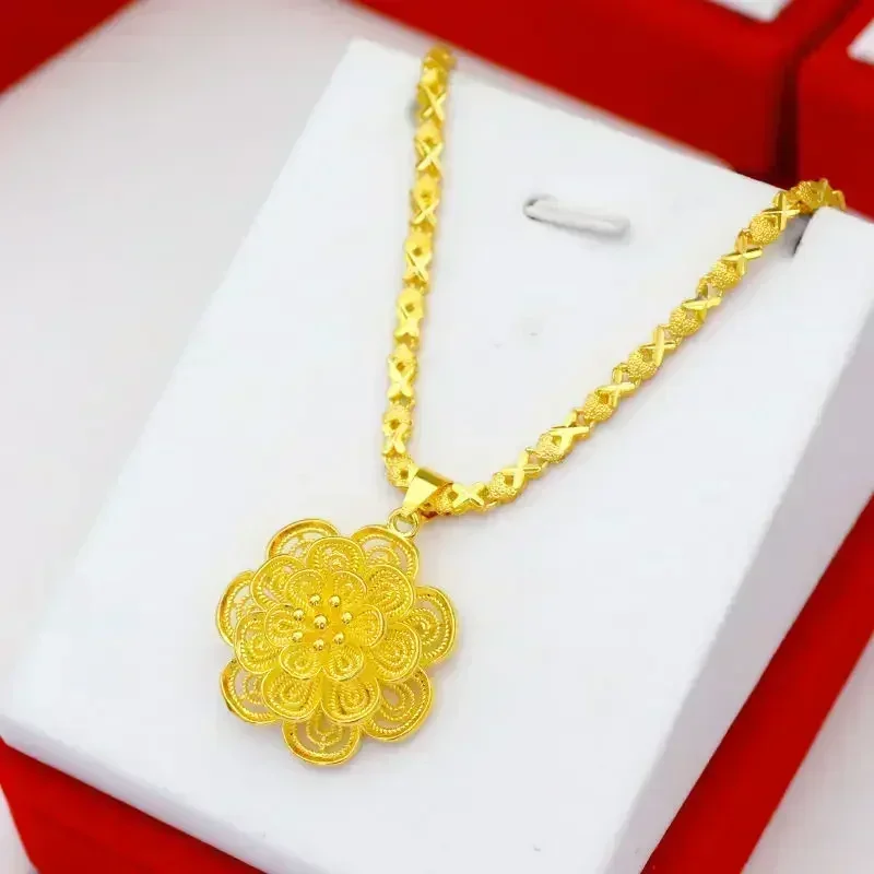 Sba704369d75845ecb00ce7f8e5fdd1a1P Boutique 24k pure gold AU999 women's necklace 3D large pendant flower ladies luxury high-quality jewelry Mallzona