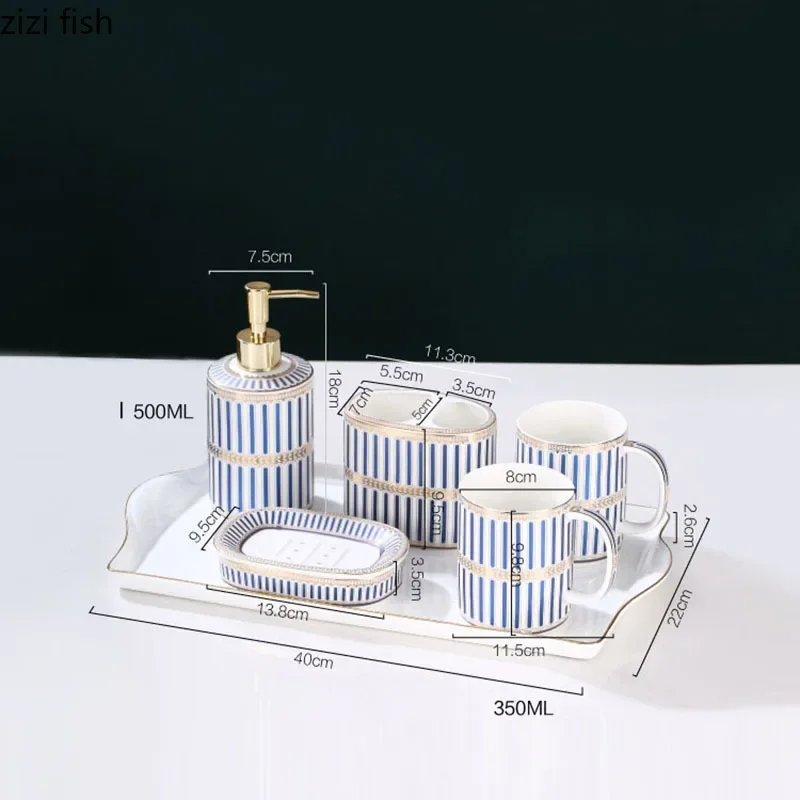 Blue and White Stripes Bathroom Decoration Accessories Ceramic Toothbrush Holder Portable Soap Dispenser Mouth Mug Bath Supplies