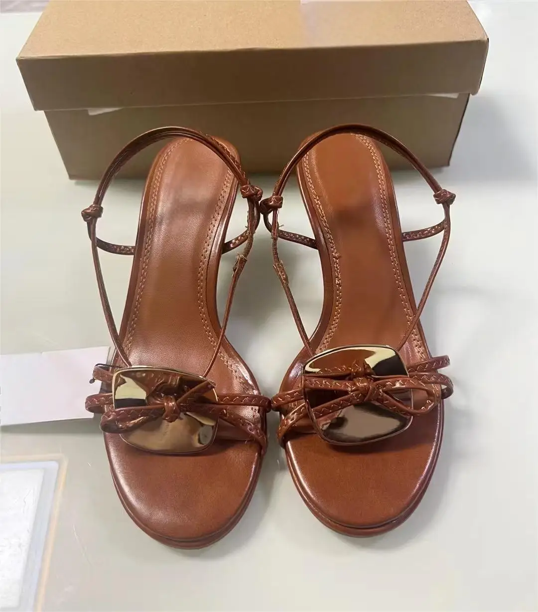 Women Slingback Sandals Women High Heels Shoes Women Dress Shoes TRAF Woman Brown Heel Sandals Chic Metal Disc Heels Sandals Round Toe Peep Toe Slingbacks Female Strap Buckle Heels Shoe