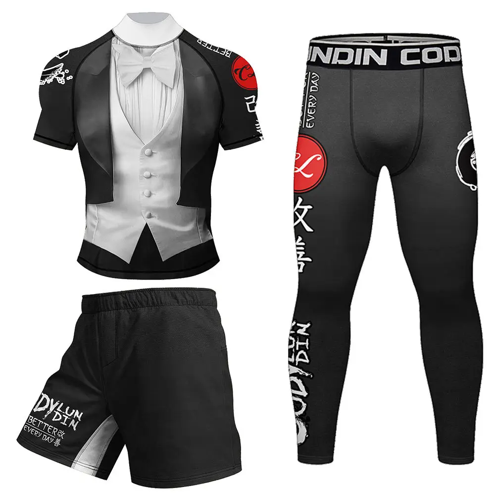 Rash Guards Bjj Gi 4 Pieces Sets MMA T-shirt Pants Muay Thai Shorts Boxing Jerseys Grappling Jiu Jitsu Rashguard Men Sportsuits