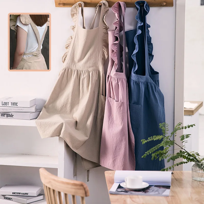 

Waterproof Flying Sleeve Leaf Lotus Version Shoulder Apron Red Lace Net Korean Cotton Kitchen Baking Girl Of Strap Apron