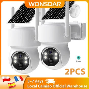 WONSDAR 2PCS Telecamera IP solare wireless HD Batteria incorporata per esterni Telecamera PTZ WiFi Telecamera di videosorveglianza Standby prolungato