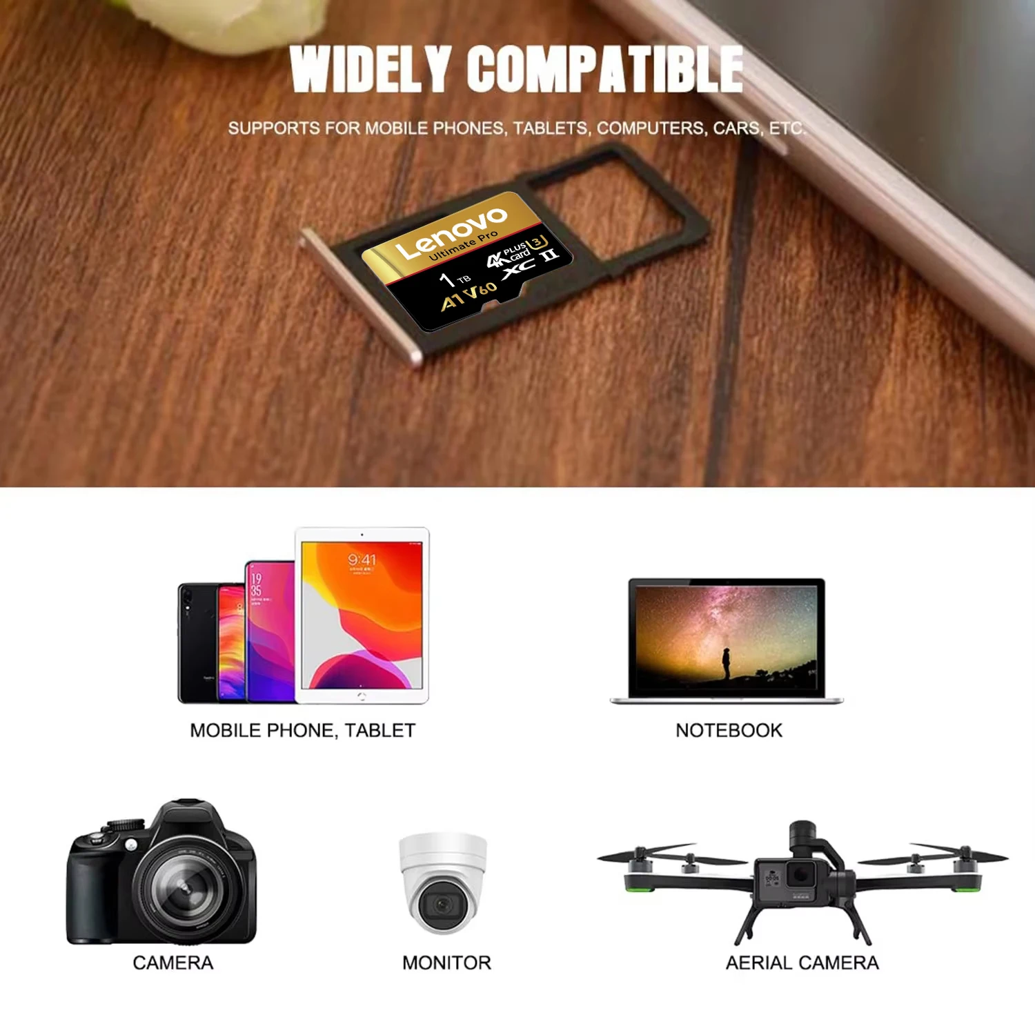 오리지널 레노버 마이크로 TF/SD XC 메모리 카드 100MB/s UHS-I Class10 16GB 512GB 256GB 128GB 32GB 64GB 태블릿 PC용 A1 TF 카드 메모리