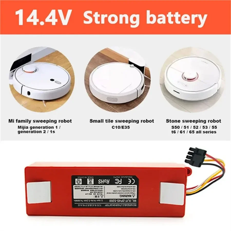 Replacement Battery for Xiaomi Roborock, Robotic Vacuum Cleaner, S55, S60, S65, S50, S51, S5 MAX, S6 Parts, 14.4V, 12800mAh 5