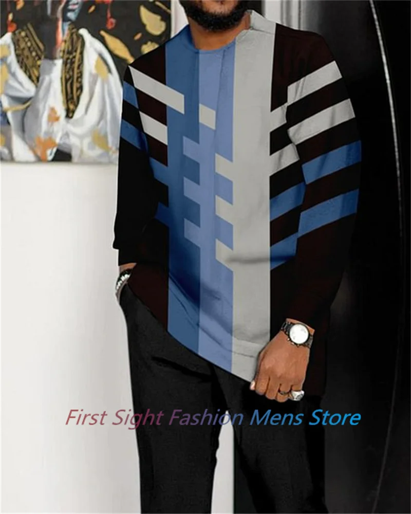 African Striped Men Outfit Set Trousers 2 Pieces Long Sleeve Tracksuit Oversized Casual  Walking Suits Fashion Men's Clothing