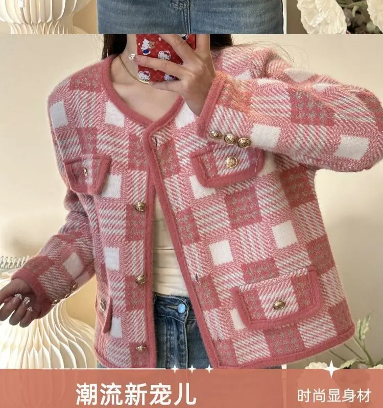 Xiaoxiangfeng Farbblockierte karierte Rundhals-Langarmjacke für Damen, neues, süßes und modisches, trendiges Oberteil – Detail 2