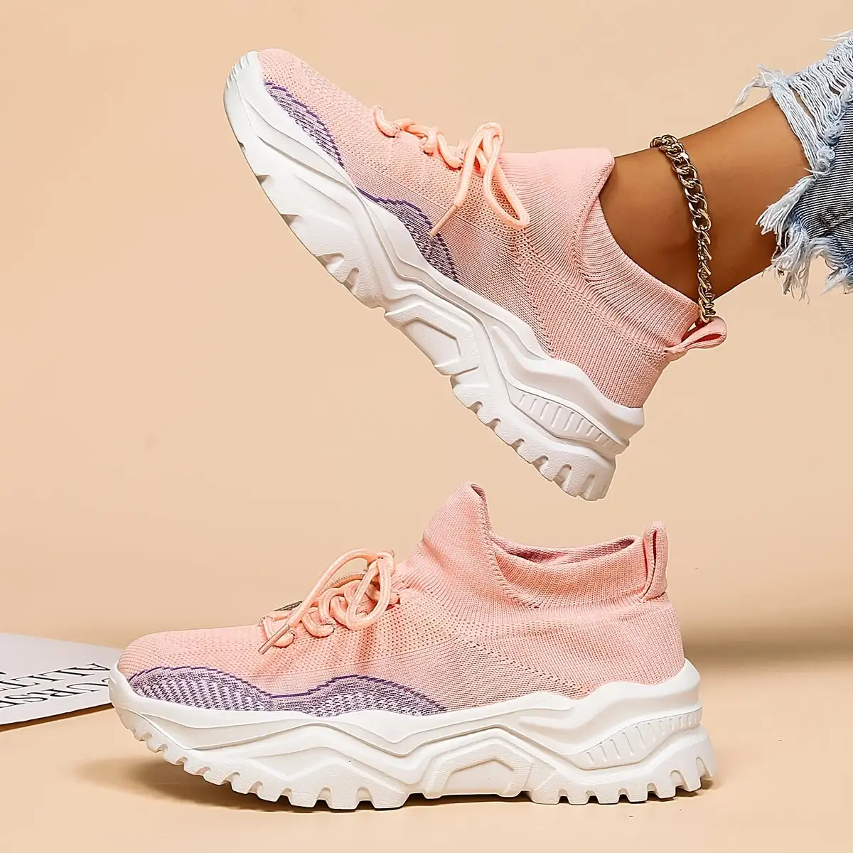 

Women's Fashion Knit Sneakers, Lightweight Lace Up Low Top Solid Color Breathable Casual Shoes, Women's Footwear