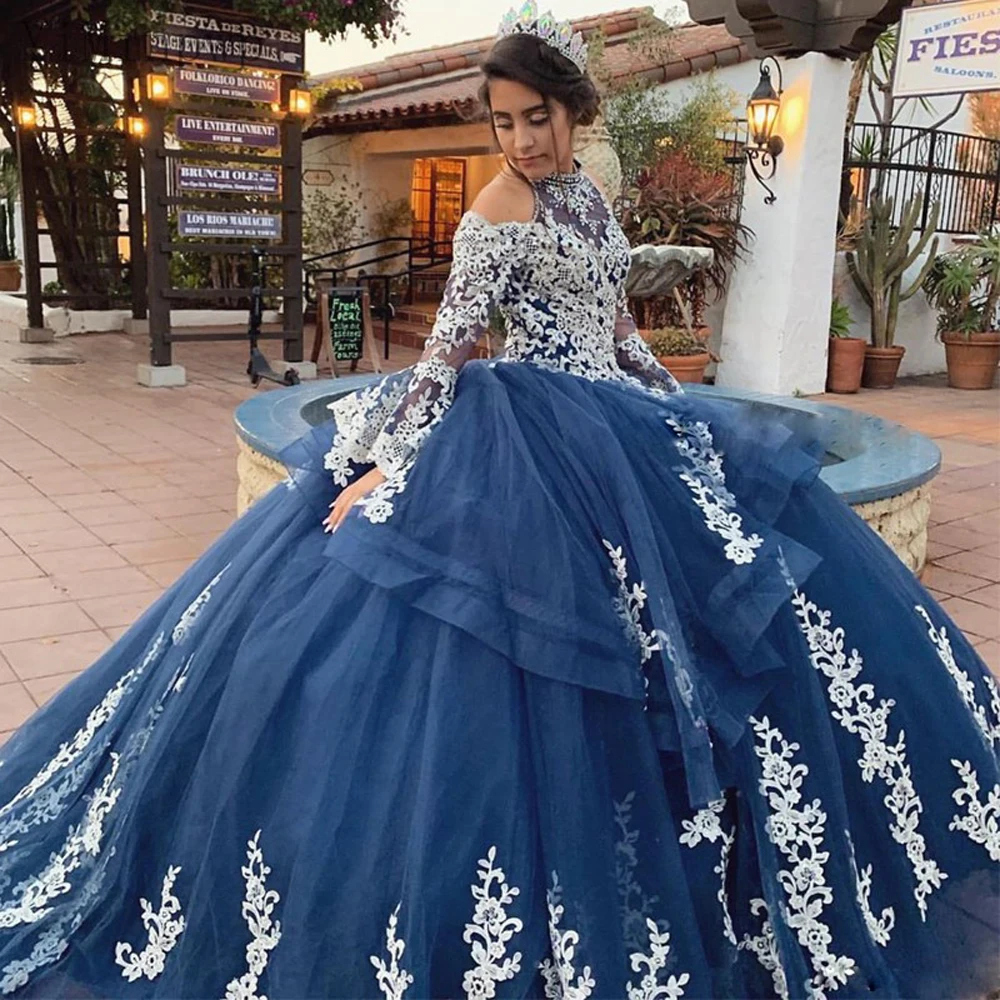 Navy Blue Quinceanera Dresses 2022 Ball Gown Halter the Shoulder Long Sleeve Formal Girls Debutante Dress for Sweet 15 Year - AliExpress