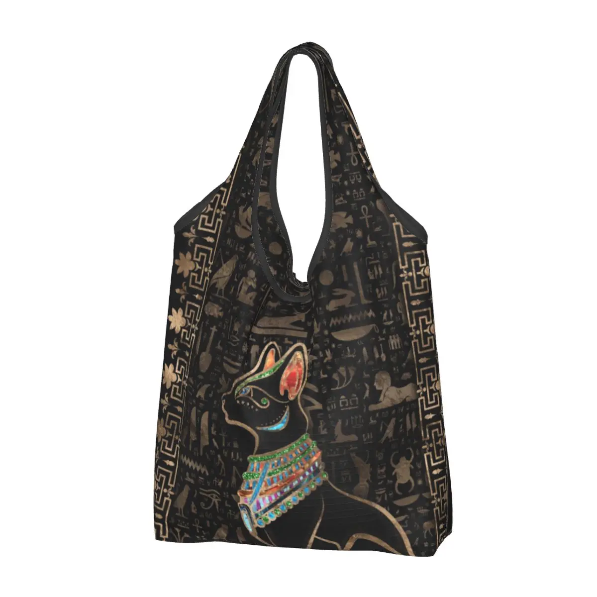 

Ancient Egyptian Cat Shopping Bag Reusable Grocery Eco Bags Large Capacity Egypt Hieroglyphs Recycling Bags Washable Handbag
