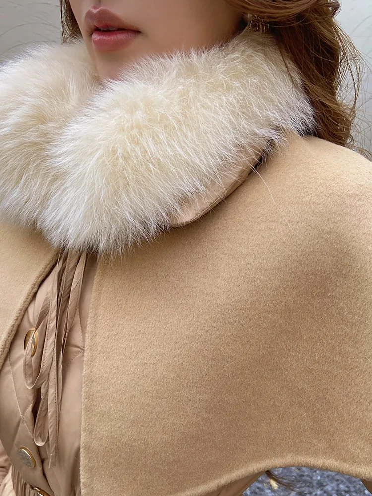 Elegant Fox Fur Collar Detachable Cloak Waist Slimming Down Jacket Women 2023 Winter New Office Lady Vintage Puffer Coats