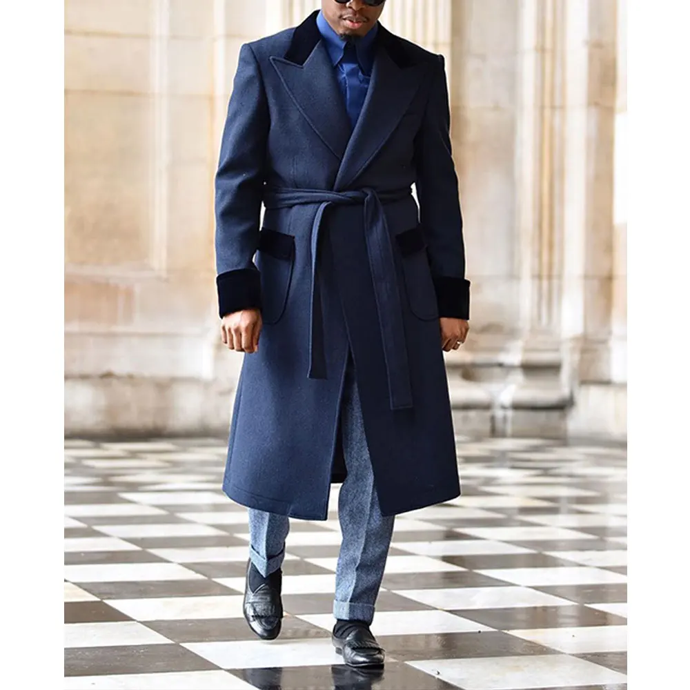 Men's Woolen Coat Velvet Splicing Lapel Collar Flap Pockets Lace Up Overcoat Elegant Gentleman Business Casual Men's Clothing