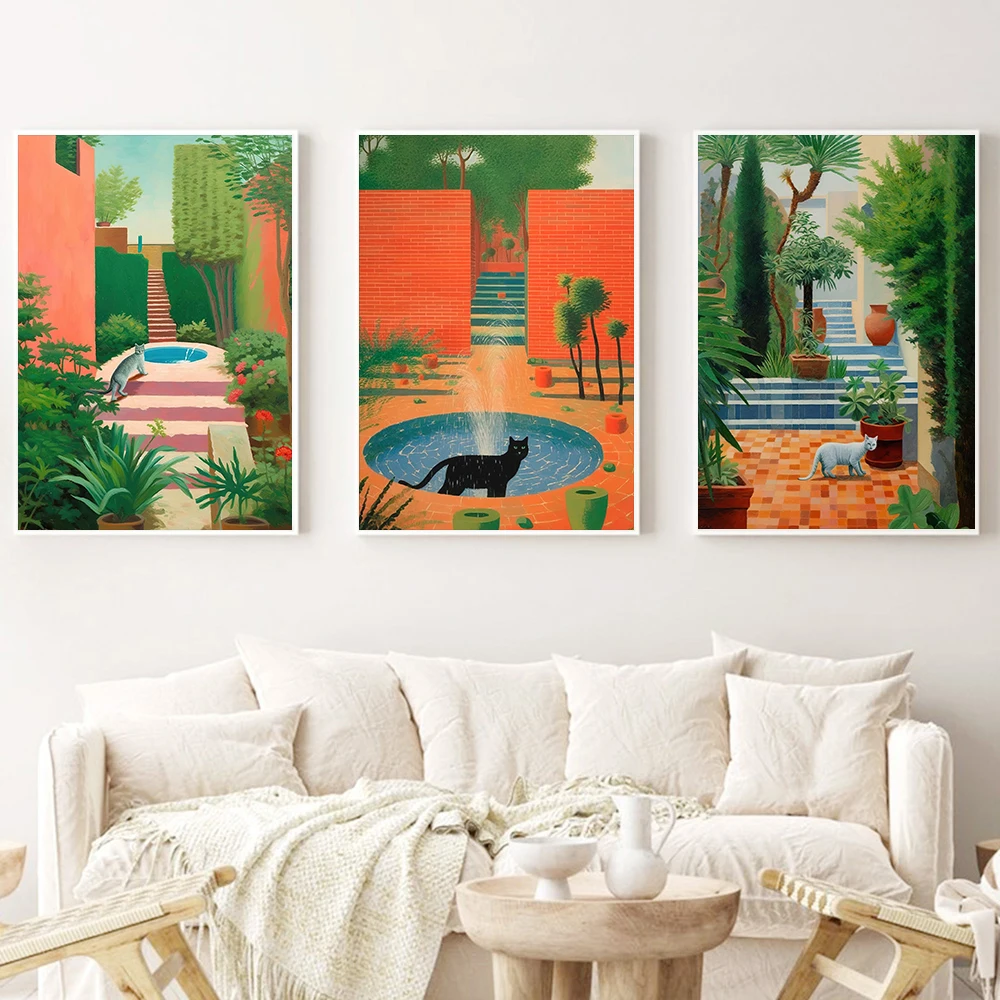 

Modern Villa Garden Plant Landscape Poster Print Grey Cat Famous Retro 80s Style Home Decor Illustration Room Canvas Painting