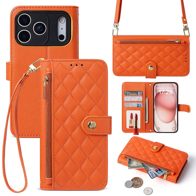 Sleek Crossbody Grid Wallet Case with Stand, Strap, and Mirror - Leather Design with Card & Cash Slots