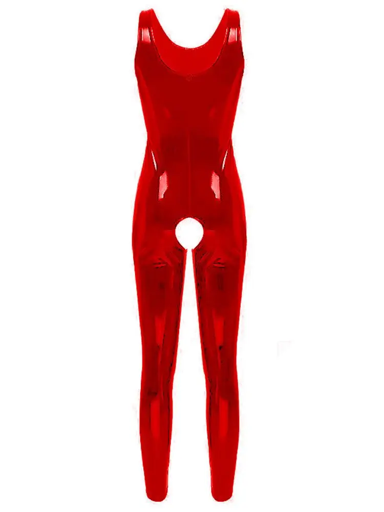 S-5XL Sleeveless Wet Look PVC Catsuit Shiny PU Leather Open Crotch Bodysuit Tight Cosplay Jumpsuit Sexy Clubwear Leotard Unitard