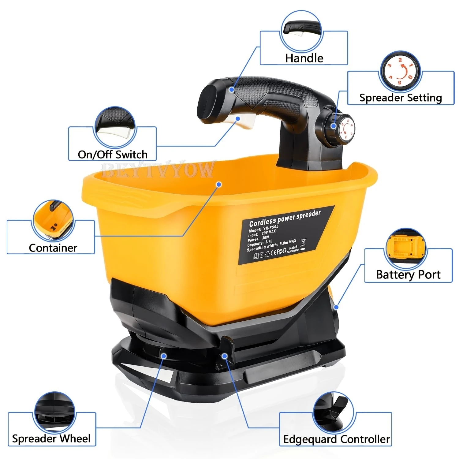 Cordless Salt Spreader for Dewalt 20V 60V Li-ion Battery Handheld Seed and Ferti