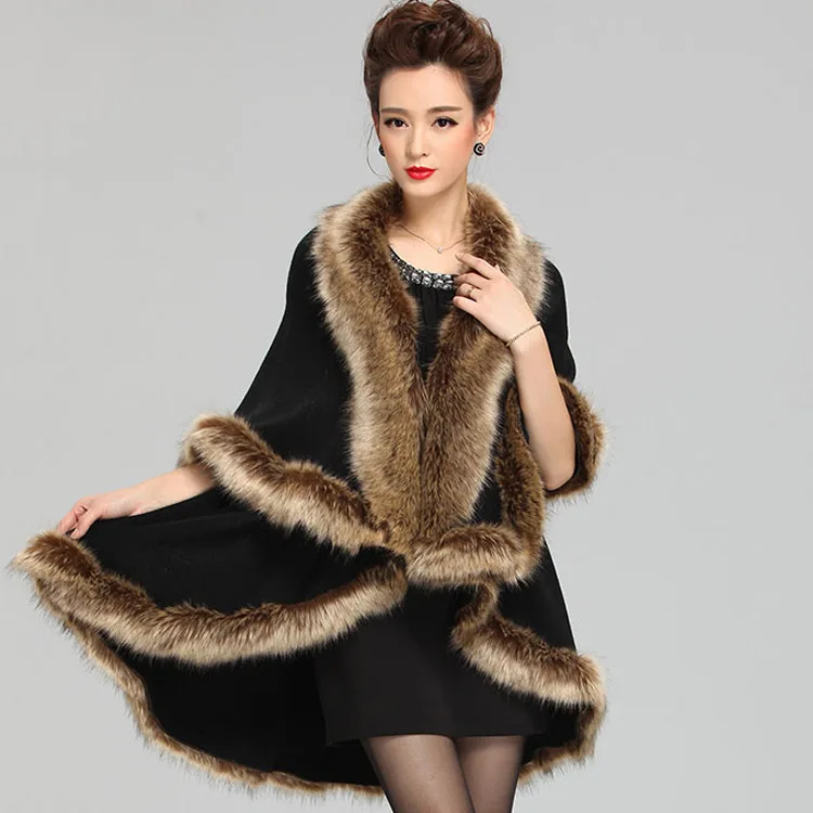 

Autumn Winter New Style Imitation Raccoon Fur Collar Knitted Cape Cardigan Warm Poncho Lady Capes Black Cloaks