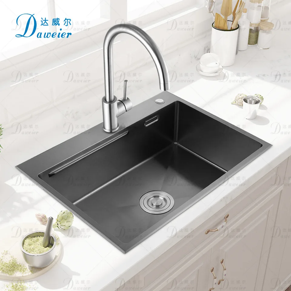 

Big Single Kitchen Sink High Quality SUS304 Stainless steel handmade Kitchen Sink PVD Gun Grey Black 600*450*230mm Luxury Sink