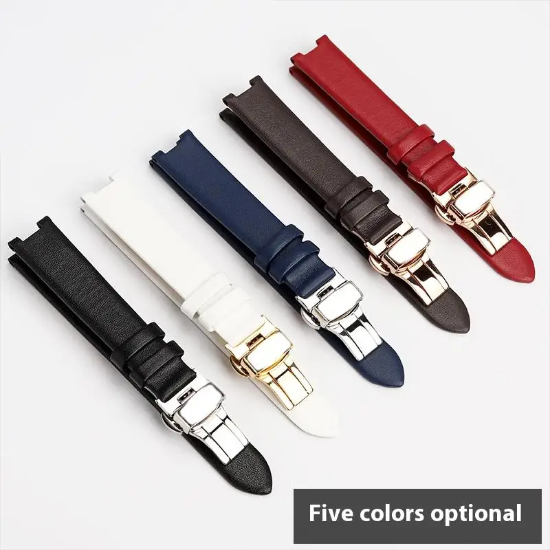 Women's Genuine Leather Cowhide Watchband with Notched 16mm Butterfly Buckle