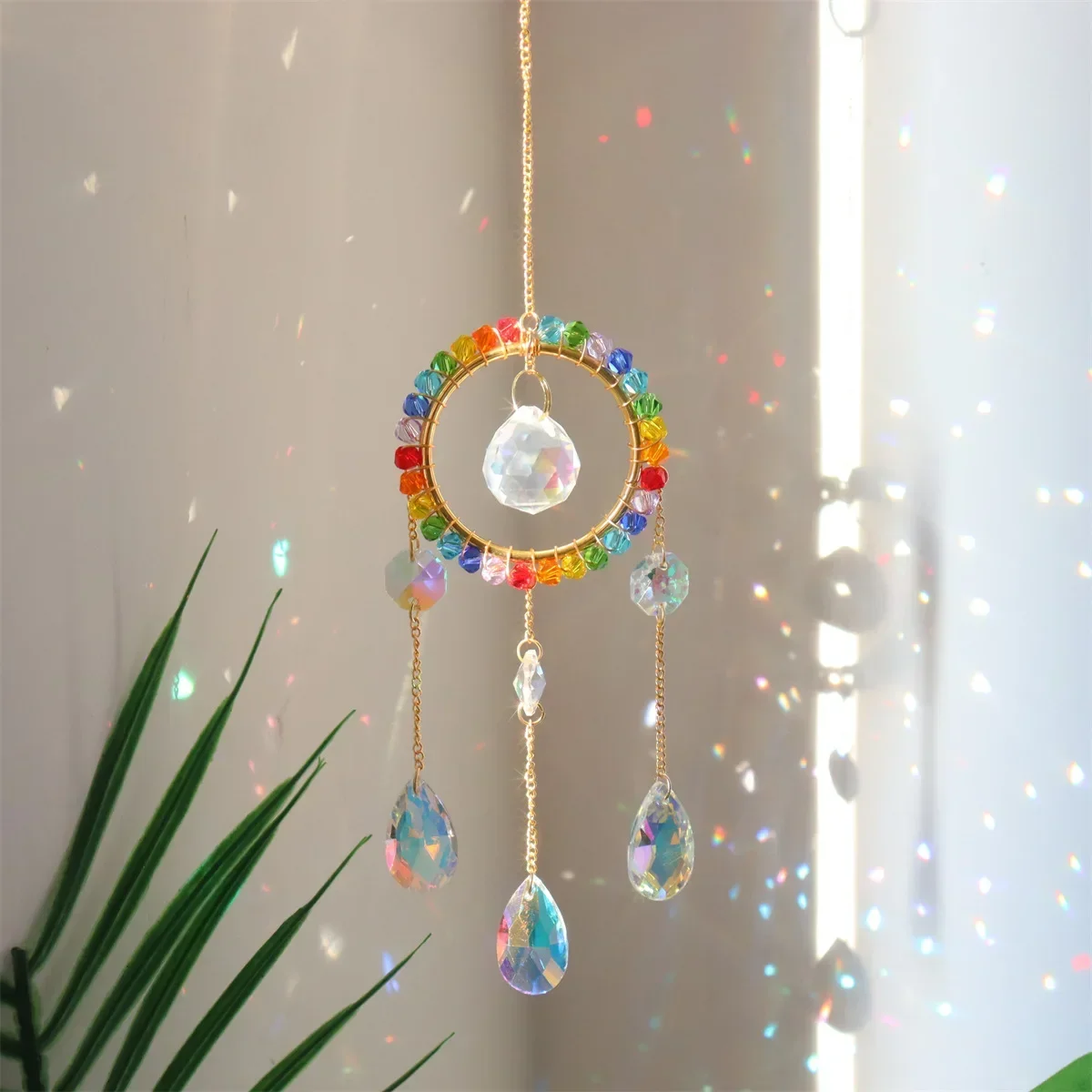 Chakra Glass Crystal Suncatcher Moon Star Heart Hanging Pendants Rainbow Prism Wind Chimes Garden Home Decor Christmas Ornament