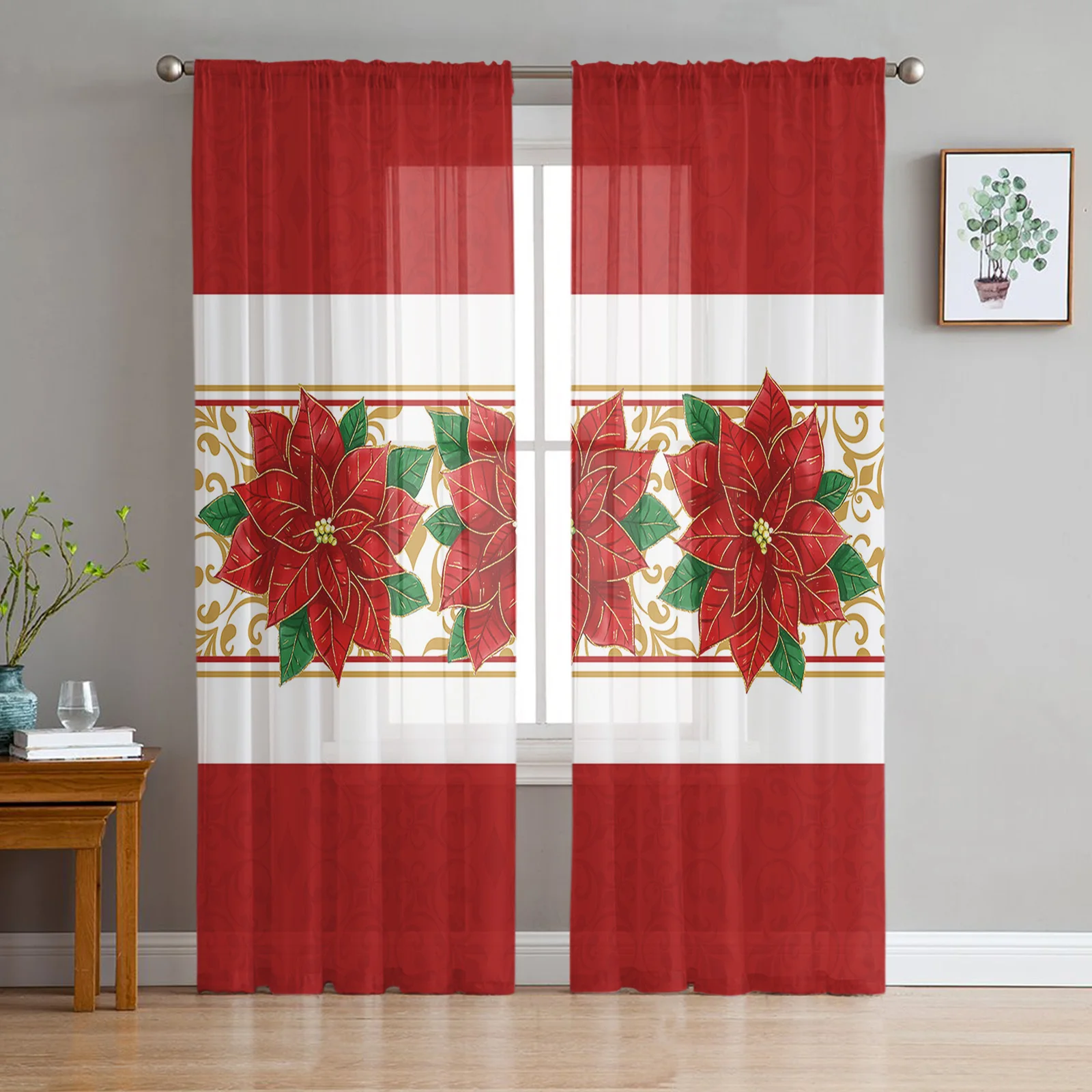 

Christmas Winter Poinsettia Flowers Tulle Curtain for Living Room Bedroom Christmas Decoration Window Voiles Tulle Curtain