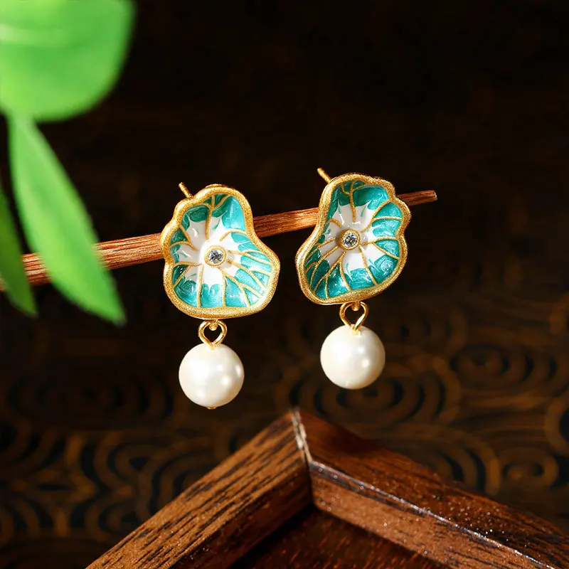 

New Chinese style colored enamel 925 silver needle lotus leaf pearl earrings