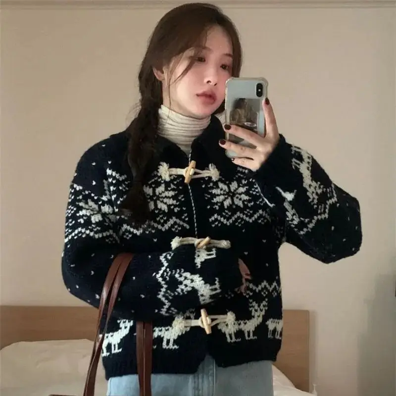 용수철 눈송이 사슴 무늬 여성용 스웨터 재킷, 뿔 단추 턴다운 칼라, 양모 니트 가디건, 캐시미어 코트, 점퍼 H716