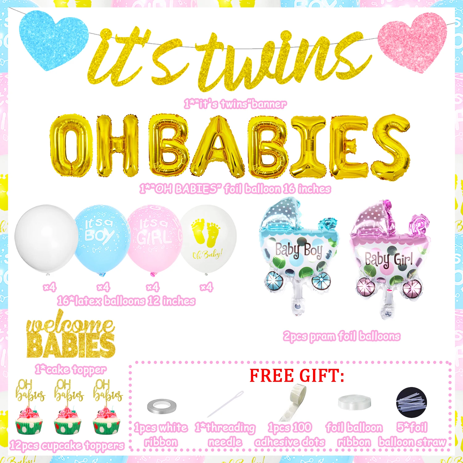 Oh Babies Twins Baby Shower Decorations Set Glitter It's Twins Banner Pink  Blue Balloons for Boy Girl Baby Shower Party Supplies - AliExpress