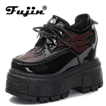 Fujin 여성용 진짜 가죽 플랫폼 웨지, 청키 스니커즈, 히든 힐, 슈퍼 하이 패션, 여성 신발, 가을, 봄, 12cm, 신상